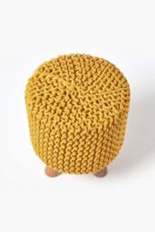 Homescapes Tall Cotton Knitted Footstool on Legs in Mustard - thumbnail 3