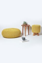 Homescapes Tall Cotton Knitted Footstool on Legs in Mustard - thumbnail 6