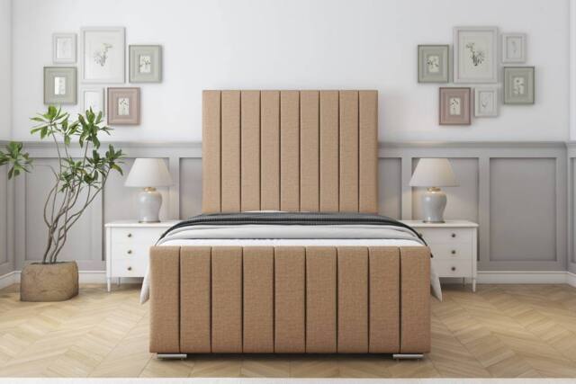 "Sloomy California Dumfries Bed Frame With 50"" Upholstered Headboard in Light Brown - Size: Small Double" - image 1