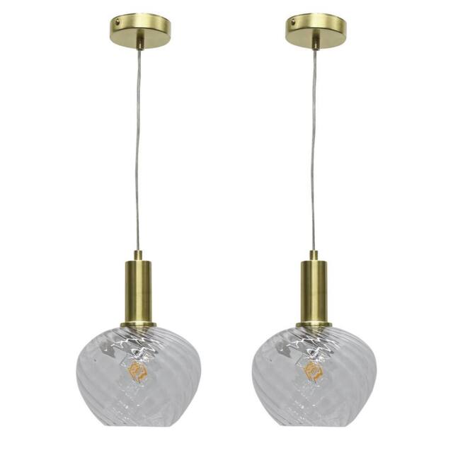 First Choice Lighting Set of 2 Bradson - Clear Swirl Glass Satin Brass Deco Pendant Fittings - image 1