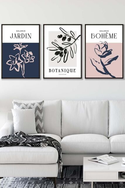 ARTZE Set of 3 Black Framed Minimalist Sketch Leaves Flowers Blush Pink Navy Blue & Grey Wall Art - Size: W33 cm x H45 cm x D20mm - image 1