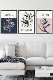 ARTZE Set of 3 Black Framed Minimalist Sketch Leaves Flowers Blush Pink Navy Blue & Grey Wall Art - Size: W33 cm x H45 cm x D20mm - thumbnail 1