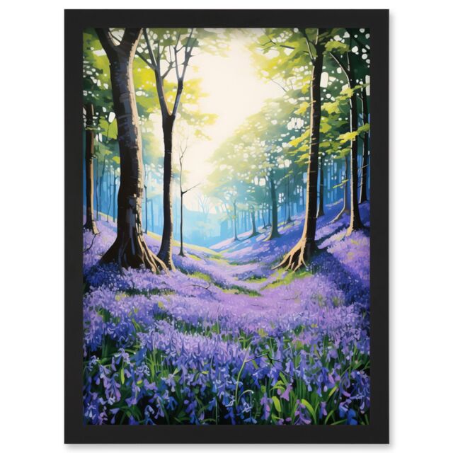 Artery8 Wall Art Print Bluebell Forest Sunshine Vibrant Artwork Purple Blue Flowers Early Morning Serene Landscape Artwork Framed A4 in Black - image 1