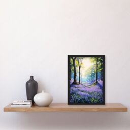 Artery8 Wall Art Print Bluebell Forest Sunshine Vibrant Artwork Purple Blue Flowers Early Morning Serene Landscape Artwork Framed A4 in Black - thumbnail 2
