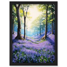 Artery8 Wall Art Print Bluebell Forest Sunshine Vibrant Artwork Purple Blue Flowers Early Morning Serene Landscape Artwork Framed A4 in Black - thumbnail 1