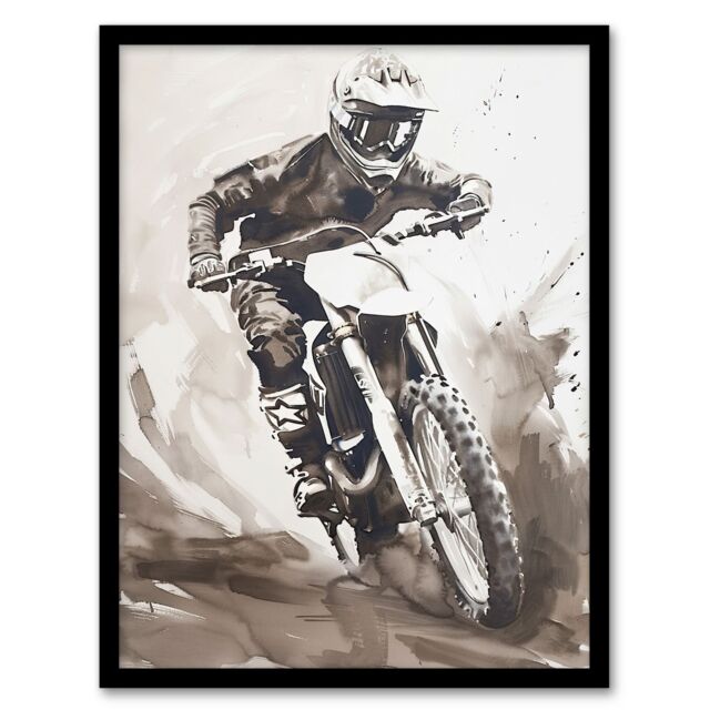 "Artery8 Pro Motocross Race Racing Black White Watercolour Framed Wall Art in Grey - Size: W12"" x H16""" - image 1