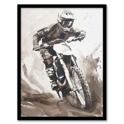 "Artery8 Pro Motocross Race Racing Black White Watercolour Framed Wall Art in Grey - Size: W12"" x H16""" - thumbnail 1