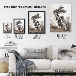"Artery8 Pro Motocross Race Racing Black White Watercolour Framed Wall Art in Grey - Size: W12"" x H16""" - thumbnail 3