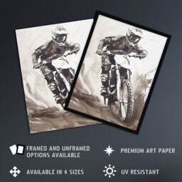 "Artery8 Pro Motocross Race Racing Black White Watercolour Framed Wall Art in Grey - Size: W12"" x H16""" - thumbnail 2