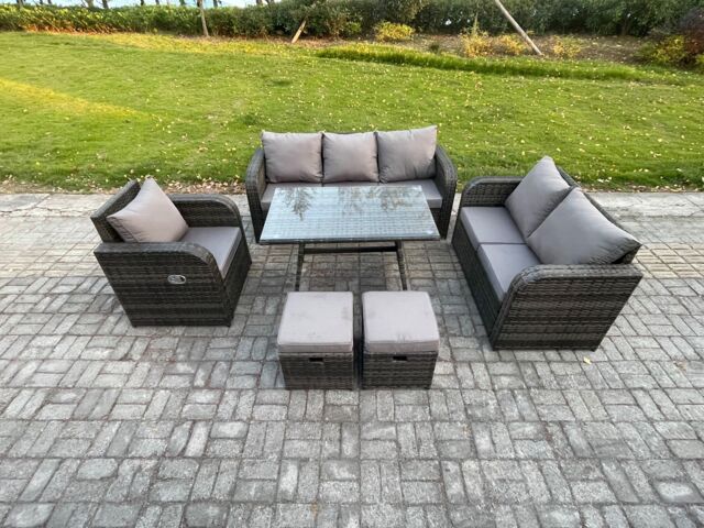Fimous 8 Seater Outdoor Rattan Garden Furniture Set Patio Lounge Sofa Set with Dining Table 2 Small Footstools Dark Grey Mixed - image 1