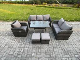 Fimous 8 Seater Outdoor Rattan Garden Furniture Set Patio Lounge Sofa Set with Dining Table 2 Small Footstools Dark Grey Mixed - thumbnail 1