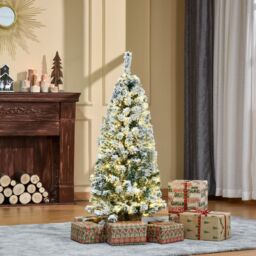 HOMCOM 4FT Prelit Snow Flocked Christmas Tree Light Indoor HomeDecoration in Green - Size: 120 cm x 60 cm - thumbnail 1