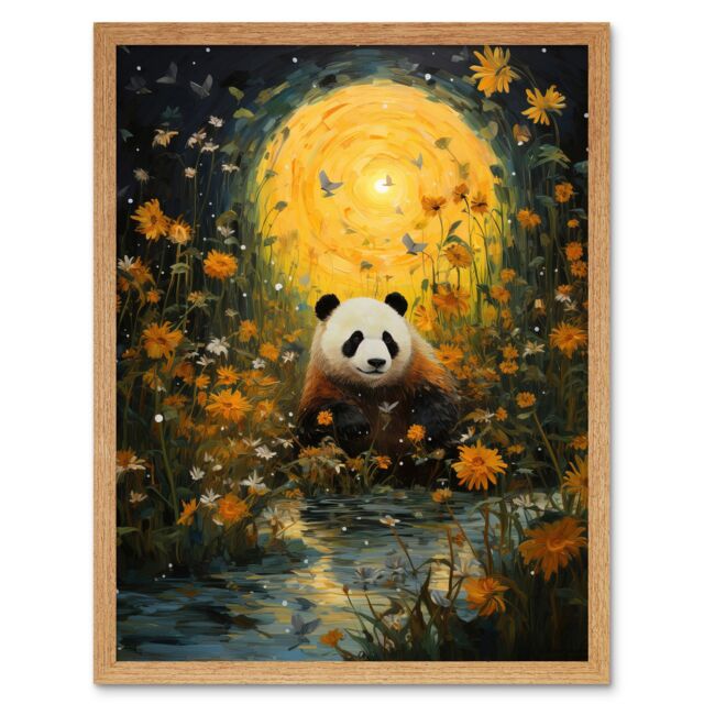 Artery8 Wall Art Print Harvest Moon Panda Landscape Oil Painting Panda Bear in a Wildflower Meadow with Flowing Stream Kids Bedroom Art Framed - image 1