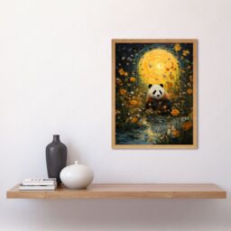 Artery8 Wall Art Print Harvest Moon Panda Landscape Oil Painting Panda Bear in a Wildflower Meadow with Flowing Stream Kids Bedroom Art Framed - thumbnail 2