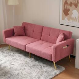 BTM Sofa Bed, 3 Adjustable Angles, Gold Legs, Cushions, Storage Pockets in Pink - Size: A - thumbnail 5