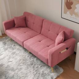 BTM Sofa Bed, 3 Adjustable Angles, Gold Legs, Cushions, Storage Pockets in Pink - Size: A - thumbnail 4