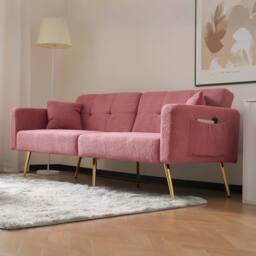 BTM Sofa Bed, 3 Adjustable Angles, Gold Legs, Cushions, Storage Pockets in Pink - Size: A - thumbnail 2