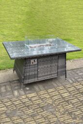 Fimous PE Wicker Rattan Gas Fire Pit Dining Table Gas Heater Burner Patio With Clear Tempered Glass in Dark Grey
