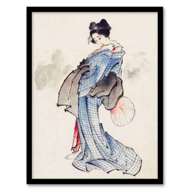 Artery8 Vintage Japanese Geisha Portrait Japan Framed Wall Art Print Hokusai in Blue - Size: A4 - image 1