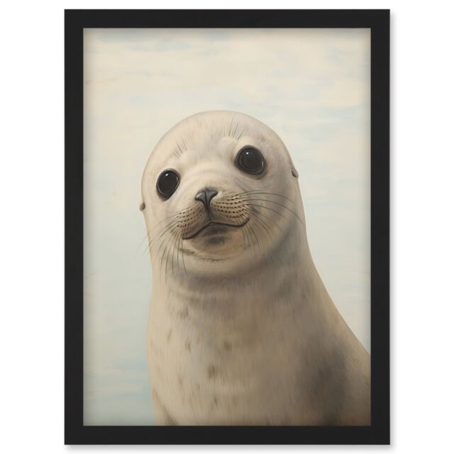 Artery8 Wall Art Print Adorable Baby Seal Pup Portrait Oil Painting Calming Kids Bedroom Cute Arctic Animal Artwork Framed A4 in Black - image 1