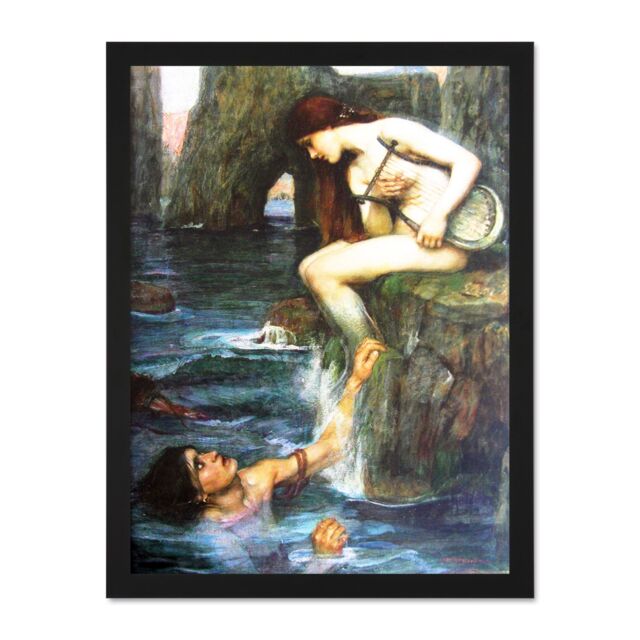 "Artery8 Wall Art Print John William Waterhouse The Siren Old Master Large Framed Wall Décor Art in Brown - Size: W18"" x H24""" - image 1