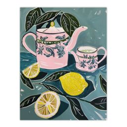 "Artery8 Pink Teapot Teacup Lemons Painting Herbal Quirky Wall Art Print in Blue - Size: W18"" x H24""" - thumbnail 1