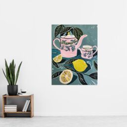 "Artery8 Pink Teapot Teacup Lemons Painting Herbal Quirky Wall Art Print in Blue - Size: W18"" x H24""" - thumbnail 4