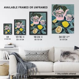"Artery8 Pink Teapot Teacup Lemons Painting Herbal Quirky Wall Art Print in Blue - Size: W18"" x H24""" - thumbnail 3