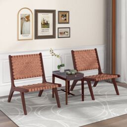 Costway Set of 2 Modern Woven Leather Accent Chair Living Room Lounge Chair W/ Wood Frame in Brown - thumbnail 3