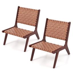 Set of 2 Modern Woven Leather Accent Chair Living Room Lounge Chair W/ Wood Frame