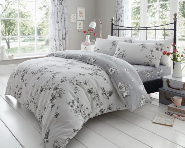 Smart Living Printed Polycotton Birdie Blossom Duvet Cover With Pillowcases in Grey - Size: Double - image 1