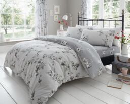 Smart Living Printed Polycotton Birdie Blossom Duvet Cover With Pillowcases in Grey - Size: Double - thumbnail 1