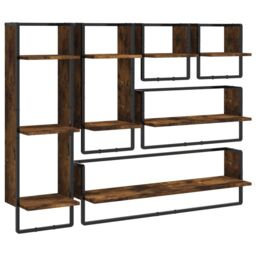 Berkfield Home 6 Piece Wall Shelf Set with Bars Smoked Oak Engineered Wood in Brown - thumbnail 2