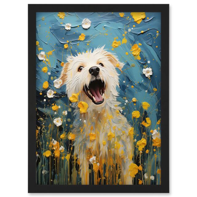 Artery8 Wall Art Print Chasing the Flowers White Terrier in Spring Meadow Thick Paint Oil Painting Blooms Coton de Tulear Artwork Framed A4 in Black - image 1