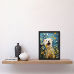 Artery8 Wall Art Print Chasing the Flowers White Terrier in Spring Meadow Thick Paint Oil Painting Blooms Coton de Tulear Artwork Framed A4 in Black - thumbnail 2