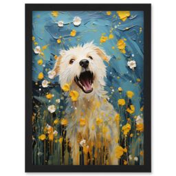 Artery8 Wall Art Print Chasing the Flowers White Terrier in Spring Meadow Thick Paint Oil Painting Blooms Coton de Tulear Artwork Framed A4 in Black - thumbnail 1