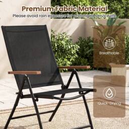 Costway 2PCS Folding Patio Chairs Breathable Fabric Porch Chairs Dining Chairs in Black - thumbnail 6