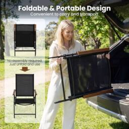 Costway 2PCS Folding Patio Chairs Breathable Fabric Porch Chairs Dining Chairs in Black - thumbnail 4