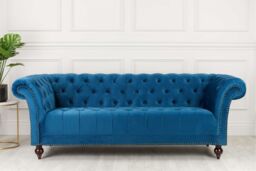 Birlea Chesterfield Sofa 3 Seater Chester Blue Velvet Studded Settee in Dark Blue - thumbnail 1