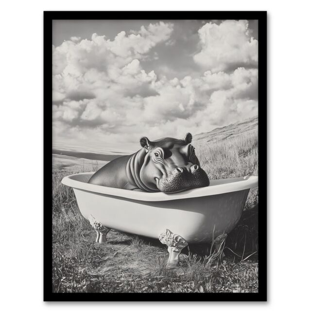 "Artery8 Baby Hippo in Bathtub Black White Surreal Framed Art Print in Grey - Size: W12"" x H16""" - image 1