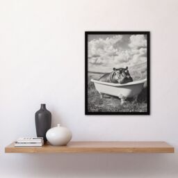 "Artery8 Baby Hippo in Bathtub Black White Surreal Framed Art Print in Grey - Size: W12"" x H16""" - thumbnail 4