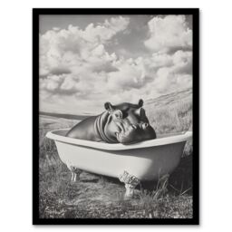 "Artery8 Baby Hippo in Bathtub Black White Surreal Framed Art Print in Grey - Size: W12"" x H16""" - thumbnail 1