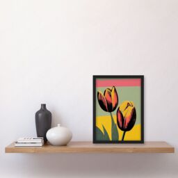 Artery8 Bright Modern Silkscreen Tulip Blooms Stencil Dusky Pink Sage Green Mustard Yellow Artwork Framed Wall Art Print A4 in Black - thumbnail 2