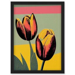 Artery8 Bright Modern Silkscreen Tulip Blooms Stencil Dusky Pink Sage Green Mustard Yellow Artwork Framed Wall Art Print A4 in Black - thumbnail 1