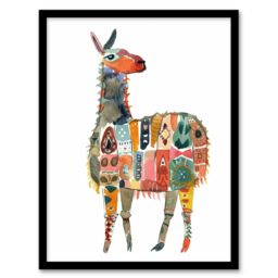 "Artery8 Llama With Colourful Folk Patterns Watercolour Framed Art Print - Size: W12"" x H16""" - thumbnail 1