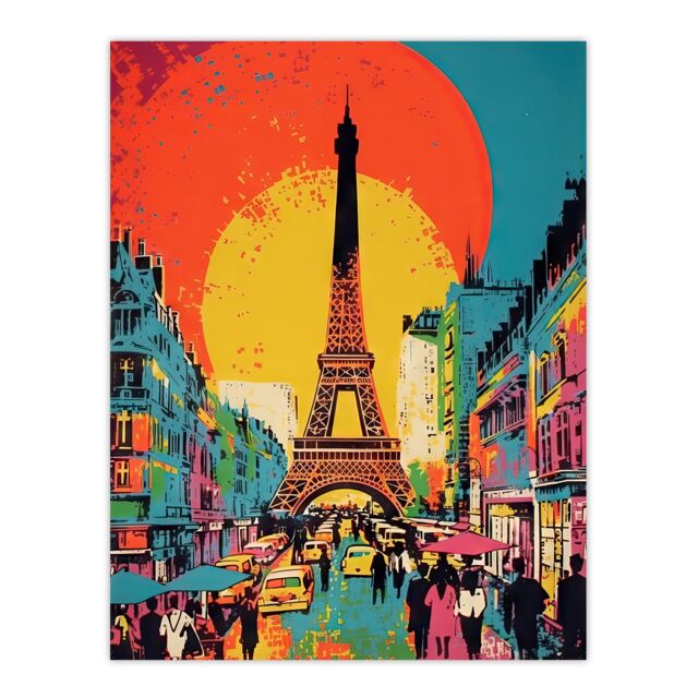 "Artery8 Wall Art Print Eiffel Tower Sunset Vibrant Painting Busy Paris Street Pedestrians Walking To Monument Poster - Size: W18"" x H24""" - image 1