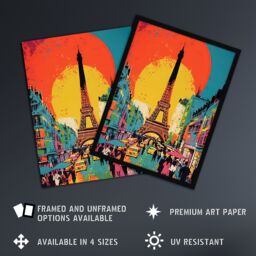 "Artery8 Wall Art Print Eiffel Tower Sunset Vibrant Painting Busy Paris Street Pedestrians Walking To Monument Poster - Size: W18"" x H24""" - thumbnail 2