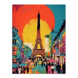 "Artery8 Wall Art Print Eiffel Tower Sunset Vibrant Painting Busy Paris Street Pedestrians Walking To Monument Poster - Size: W18"" x H24""" - thumbnail 1