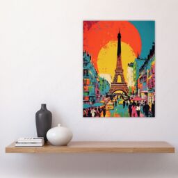 "Artery8 Wall Art Print Eiffel Tower Sunset Vibrant Painting Busy Paris Street Pedestrians Walking To Monument Poster - Size: W18"" x H24""" - thumbnail 4