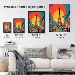 "Artery8 Wall Art Print Eiffel Tower Sunset Vibrant Painting Busy Paris Street Pedestrians Walking To Monument Poster - Size: W18"" x H24""" - thumbnail 3